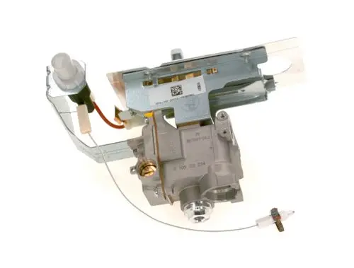 Gasarmatur von Bosch, offensichtlich für den Einsatz in Heiz- oder Kochsystemen, bestehend aus einem Metallrahmen, Ventilen und elektrischen Anschlüssen.